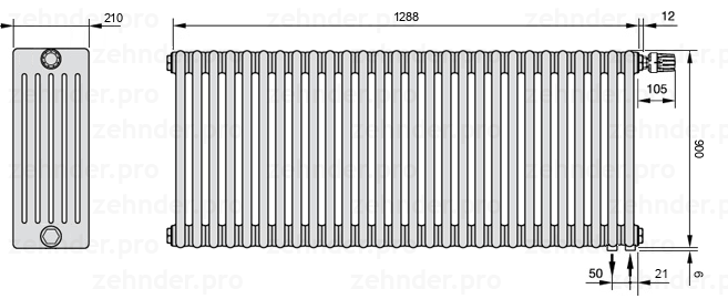 Схема (чертеж) Радиатор Zehnder Charleston 6090/28 №V002 Белый глянцевый RAL 9016